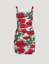 Draped Silk Charmeuse Mini Dress Poppy Print