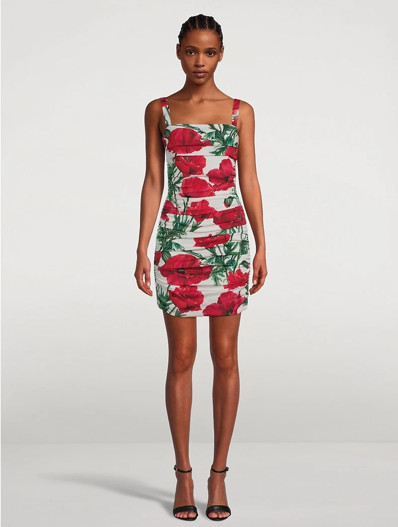 Draped Silk Charmeuse Mini Dress Poppy Print