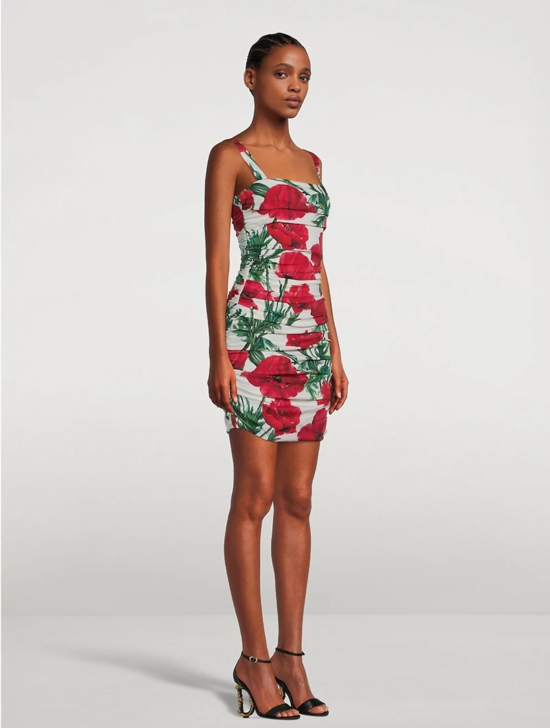 Draped Silk Charmeuse Mini Dress Poppy Print