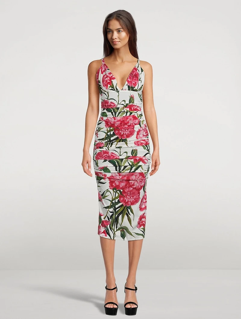 Draped Silk Charmeuse Midi Dress Carnation Print