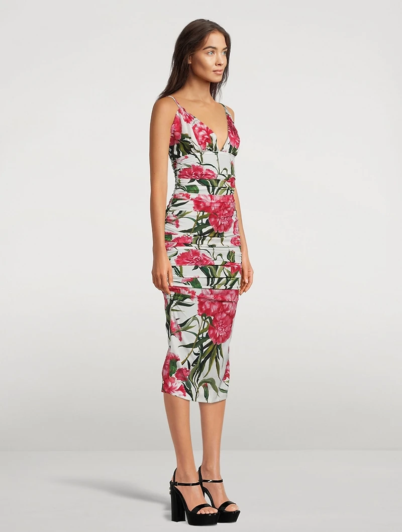 Draped Silk Charmeuse Midi Dress Carnation Print