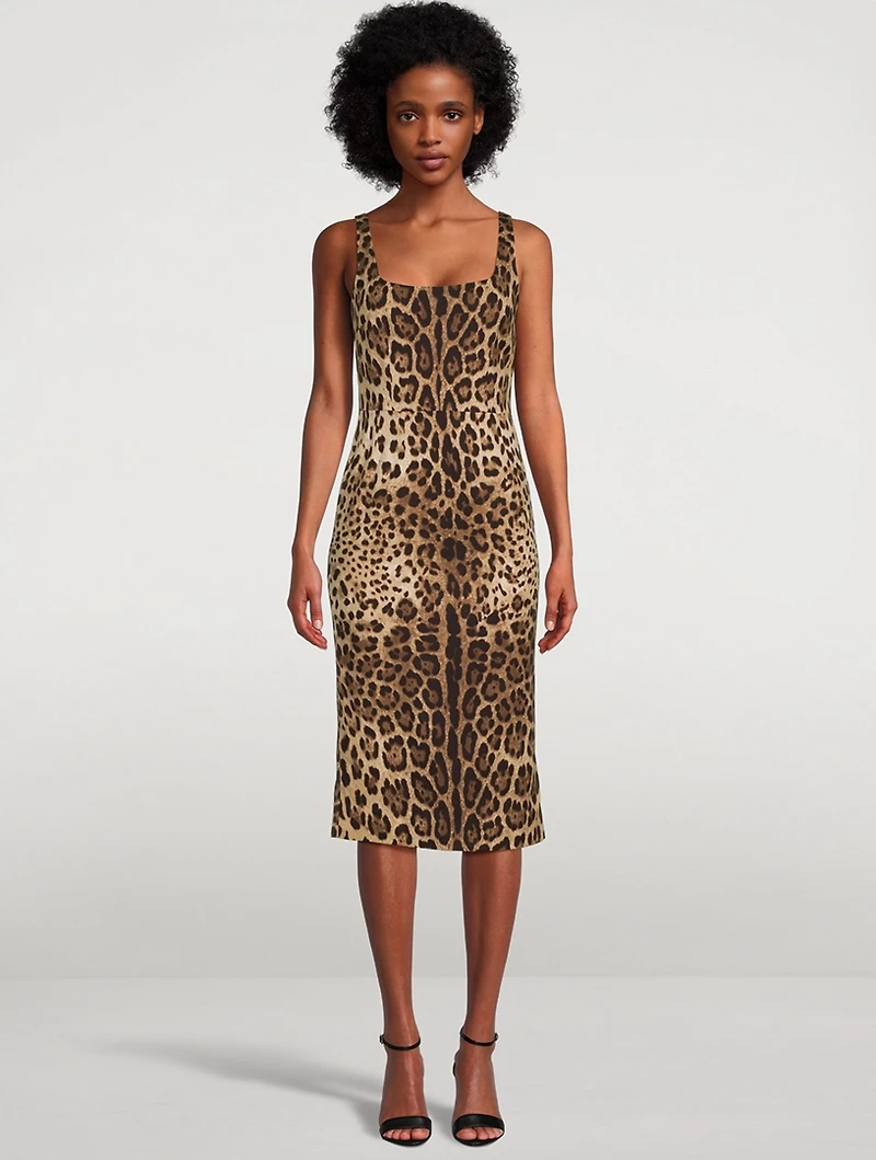 Stretch-Silk Midi Dress Leopard Print