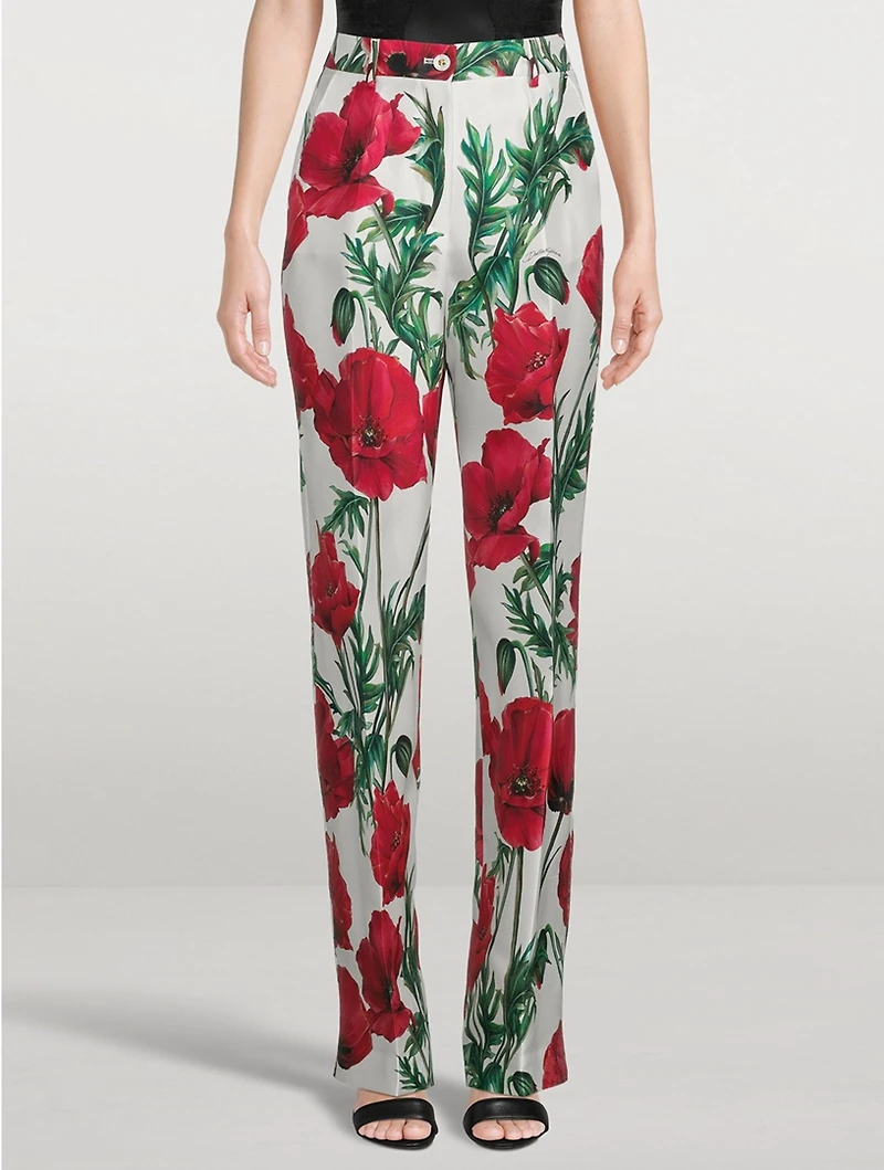 Silk Shantung Trousers Poppy Print