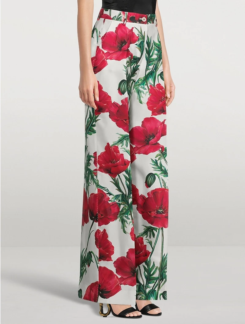 Silk Shantung Trousers Poppy Print