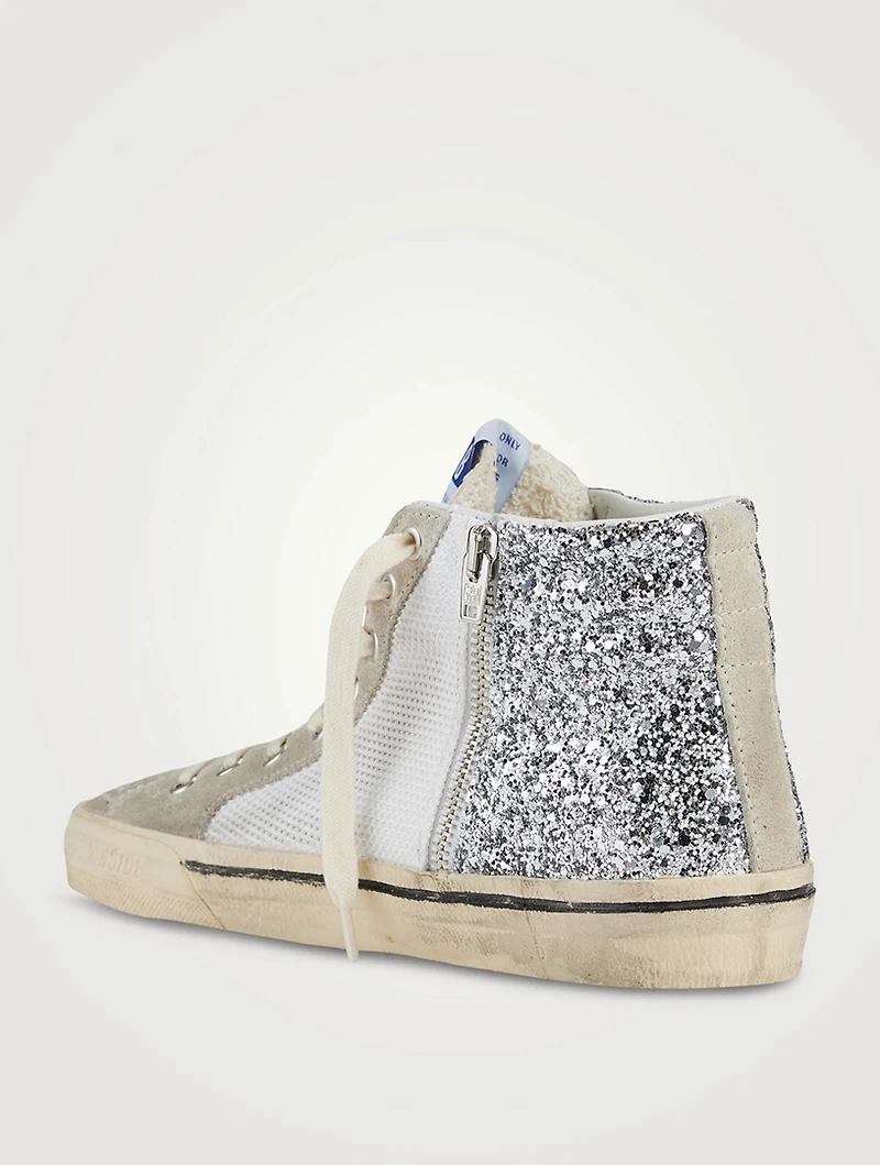Slide Glitter, Suede And Mesh High-Top Sneakers