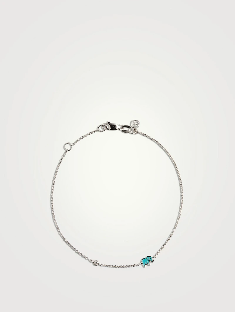 14K Gold Enamel Elephant Chain Bracelet With Diamond