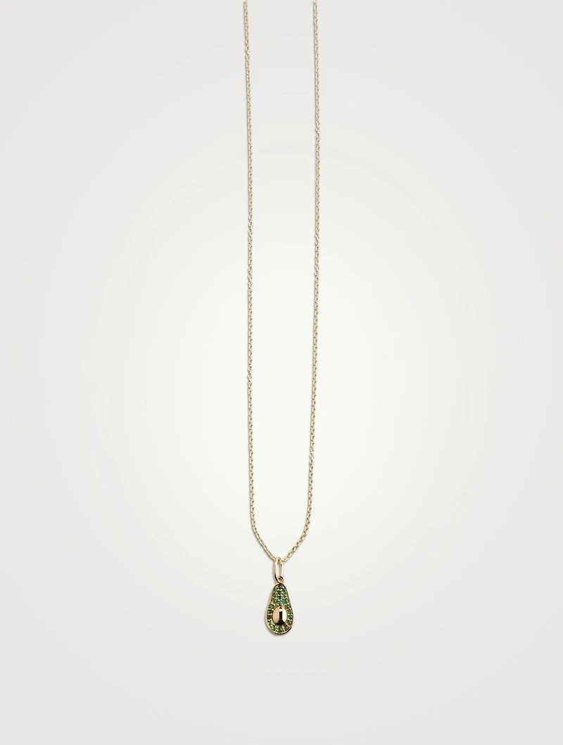 14K Gold Avocado Pendant Necklace With Emeralds