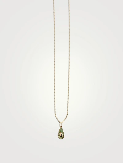 14K Gold Avocado Pendant Necklace With Emeralds