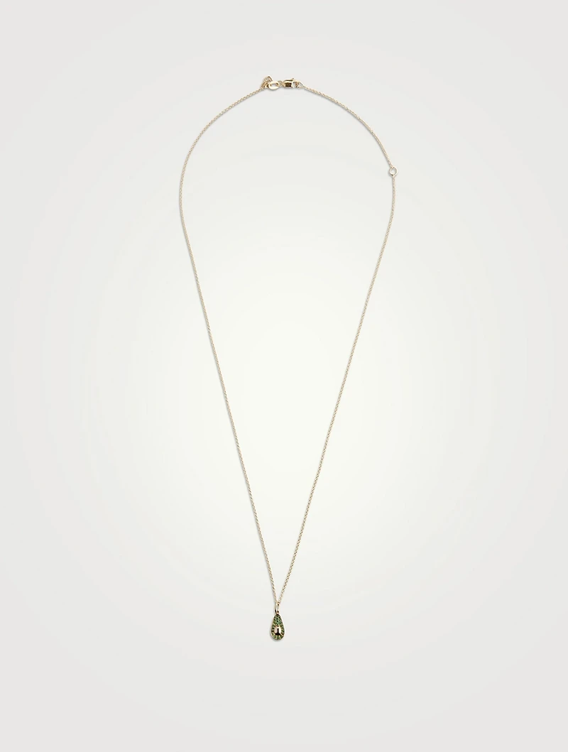14K Gold Avocado Pendant Necklace With Emeralds