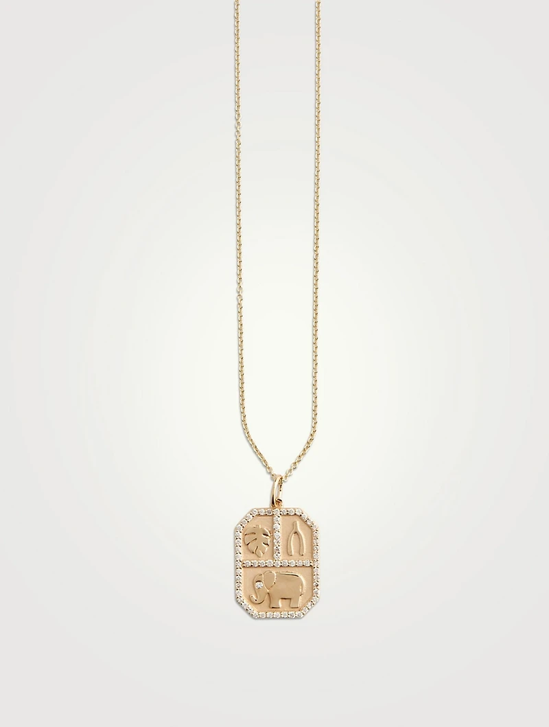 14K Gold Rectangular Icon Pendant Necklace With Diamonds