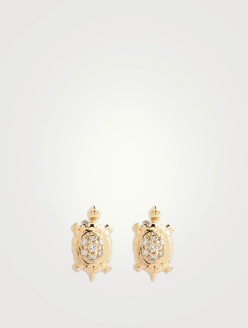14K Gold Turtle Stud Earrings With Diamonds