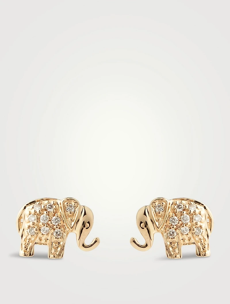 14K Gold Elephant Stud Earrings With Diamonds