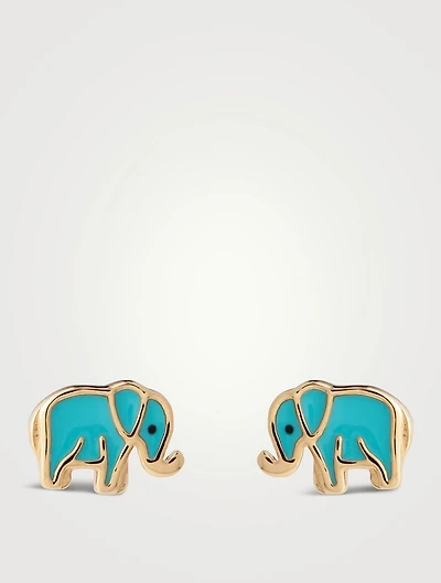 14K Gold Enamel Elephant Stud Earrings