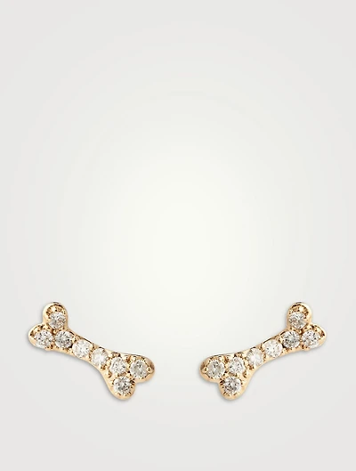 14K Gold Dog Bone Stud Earrings With Diamonds