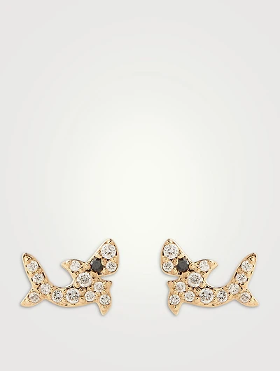 14K Gold Shark Stud Earrings With Diamonds