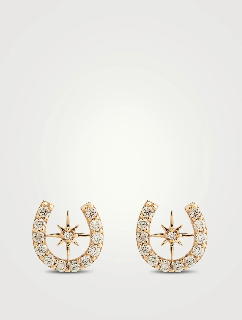 14K Gold Starburst Horseshoe Stud Earrings