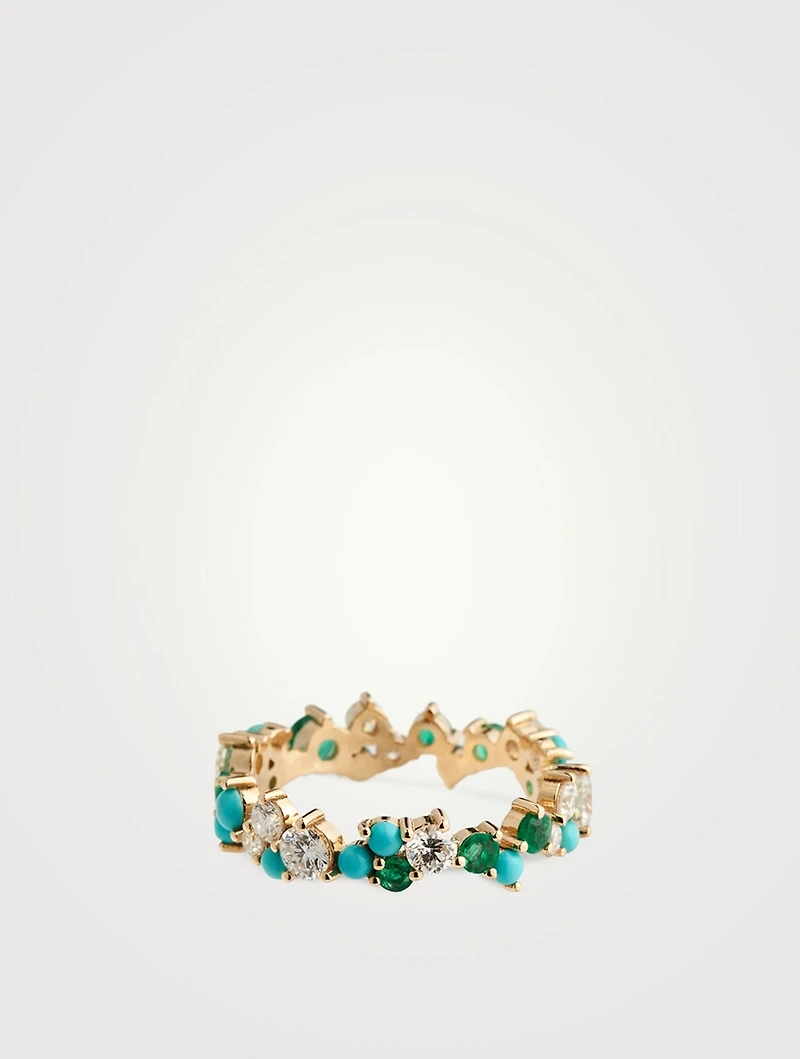 14K Gold Cocktail Ring With Diamonds, Emeralds, Turquoise