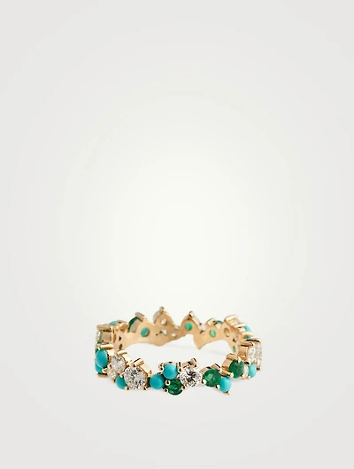 14K Gold Cocktail Ring With Diamonds, Emeralds, Turquoise