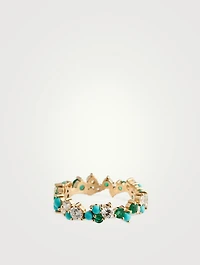 14K Gold Cocktail Ring With Diamonds, Emeralds, Turquoise