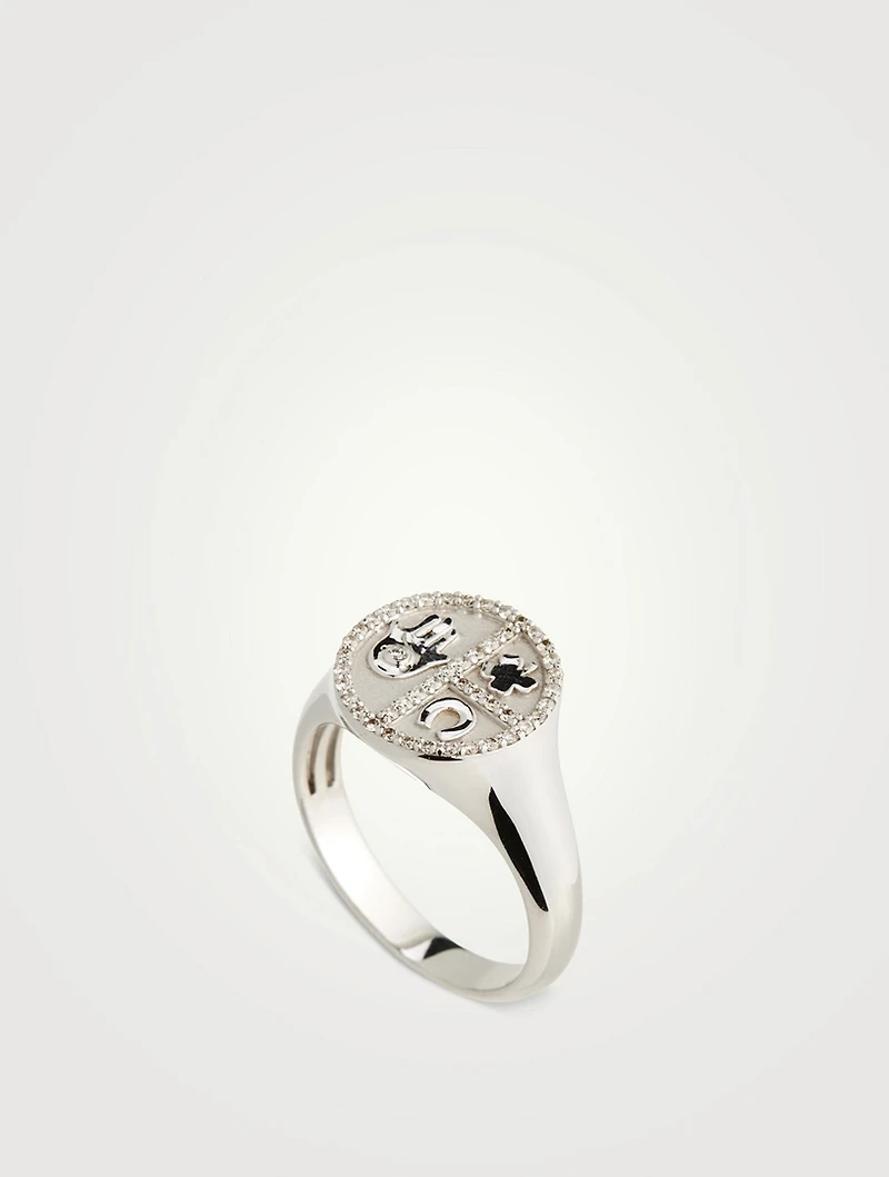 14K Gold Disc Icon Signet Ring With Diamonds