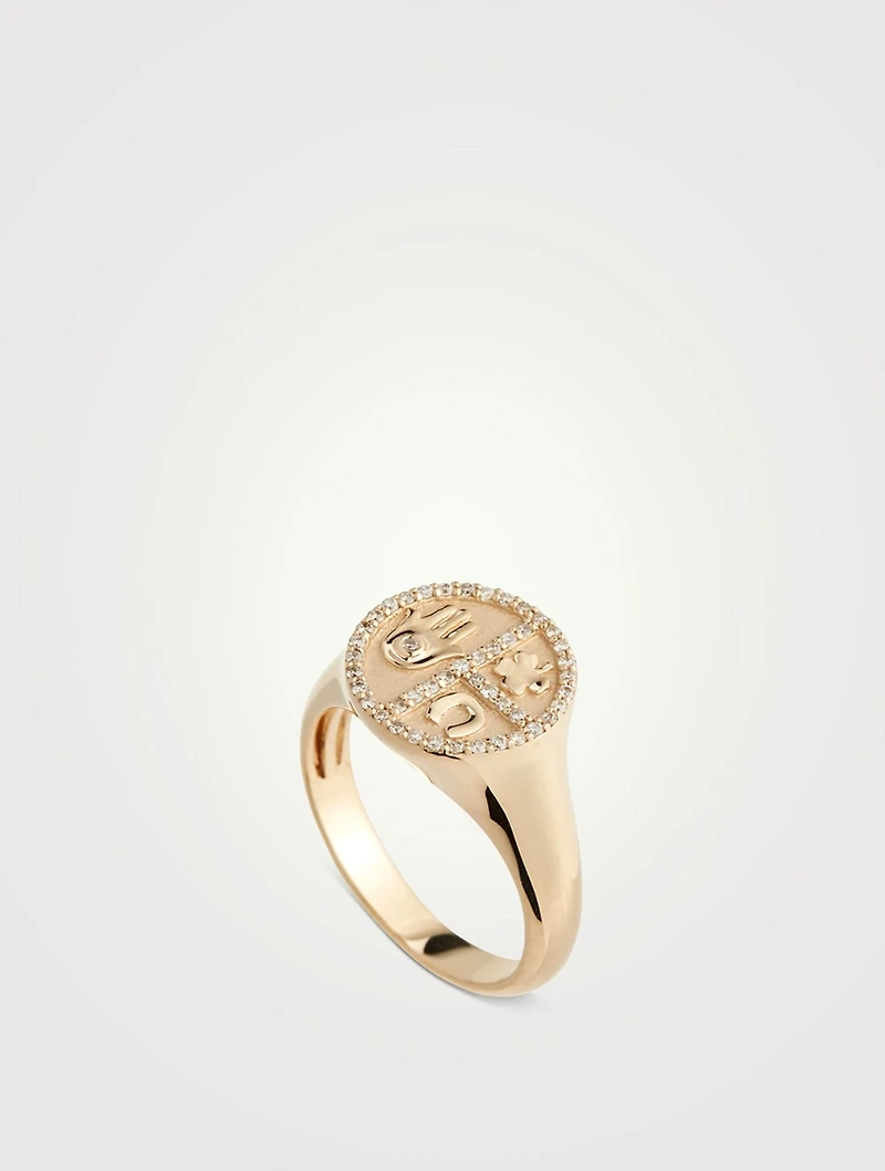 14K Gold Disc Icon Signet Ring With Diamonds