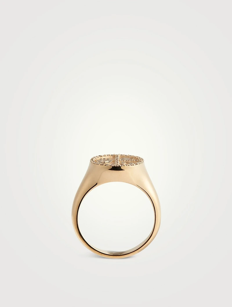14K Gold Disc Icon Signet Ring With Diamonds