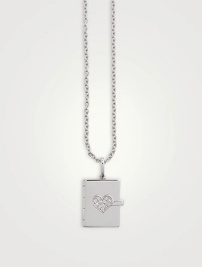 14K White Gold Heart Locket Necklace With Pavé Diamonds