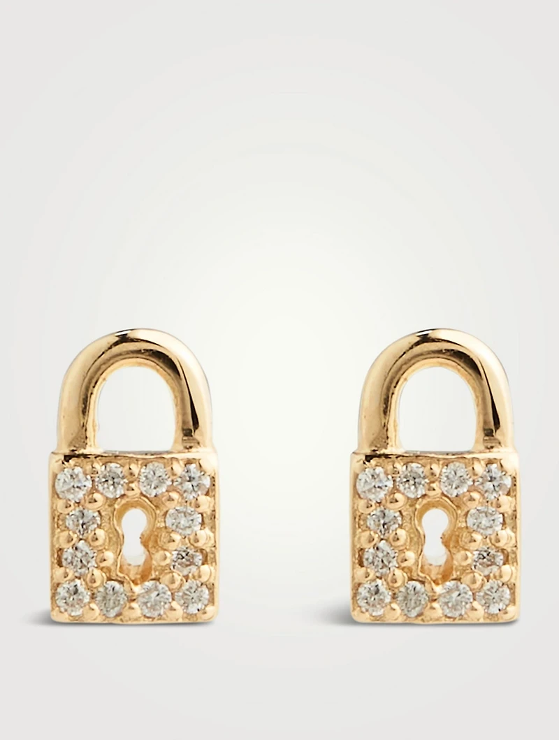 Small 14K Gold Pavé Lock Stud Earrings