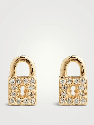 Small 14K Gold Pavé Lock Stud Earrings