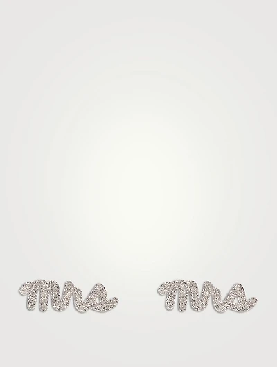 14K Gold Mrs Script Stud Earrings With Diamonds