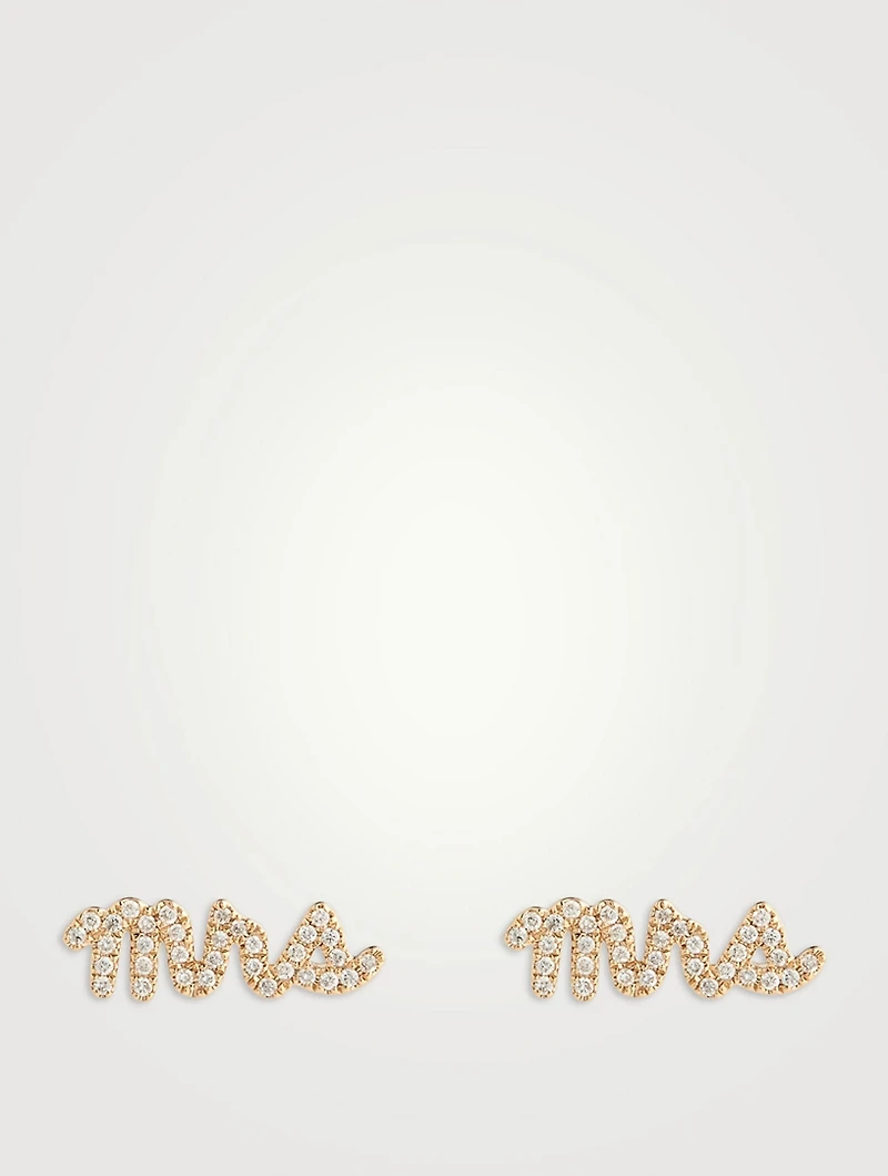 14K Gold Mrs Script Stud Earrings With Diamonds