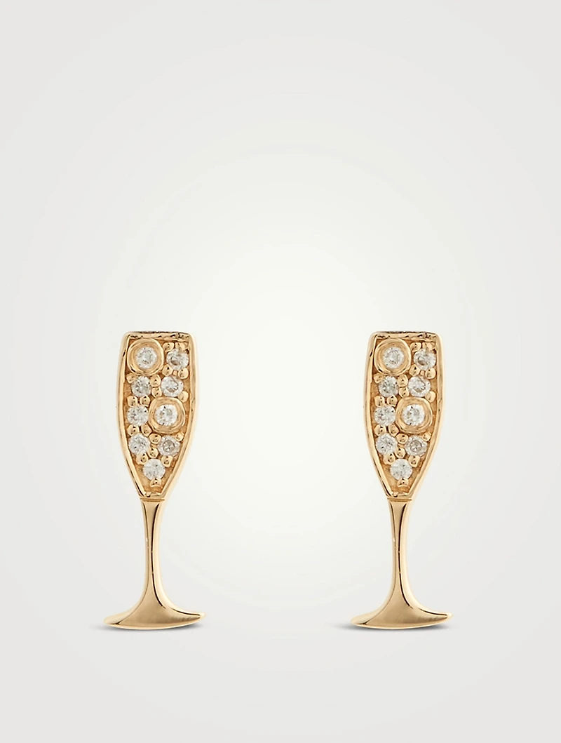 14K Gold Champagne Glass Stud Earrings With Diamonds