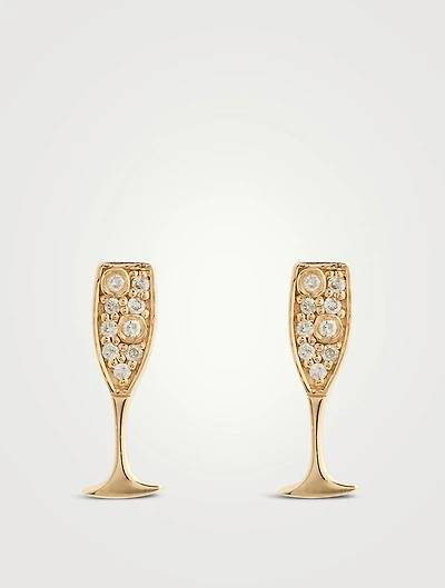 14K Gold Champagne Glass Stud Earrings With Diamonds