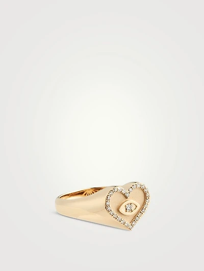 14K Gold Heart Eye Signet Ring With Diamonds