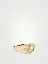 14K Gold Heart Eye Signet Ring With Diamonds