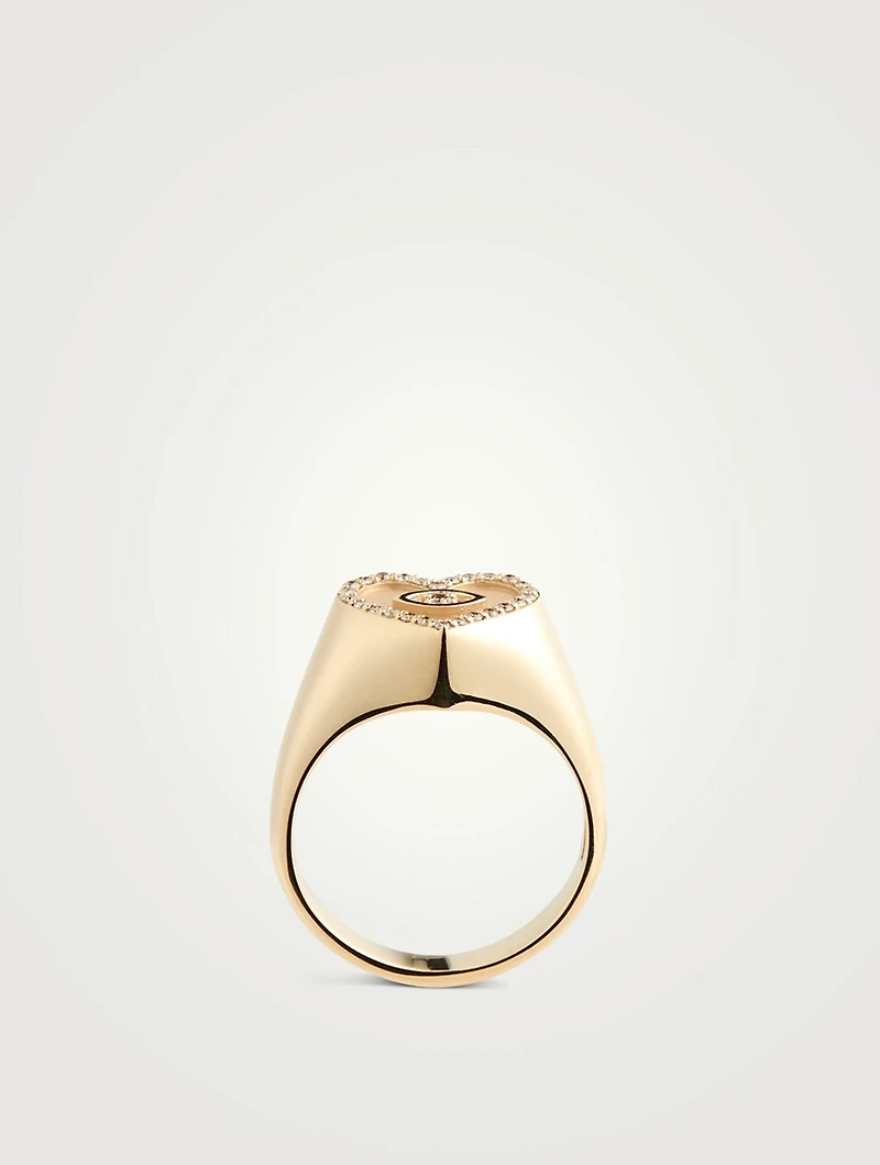 14K Gold Heart Eye Signet Ring With Diamonds