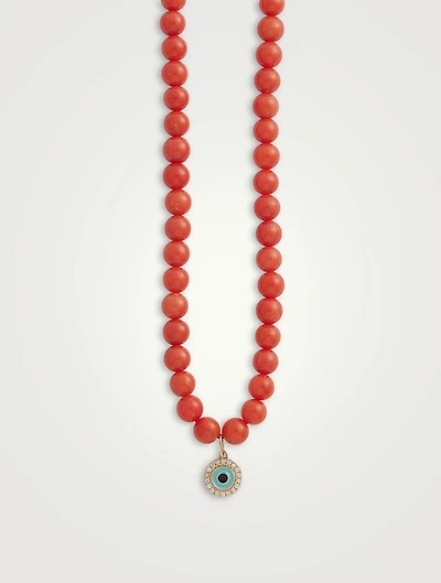 Beaded Necklace With 14K Gold Diamond Evil Eye Charm
