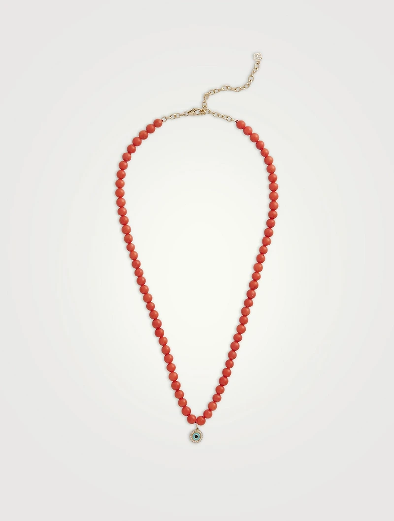 Beaded Necklace With 14K Gold Diamond Evil Eye Charm