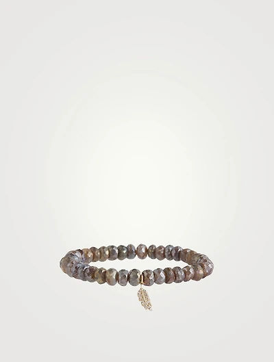 Labradorite Beaded Bracelet With 14K Gold Diamond Feather Charm