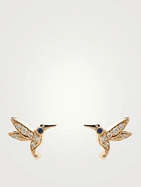 Tiny 14K Gold Hummingbird Stud Earrings With Diamonds