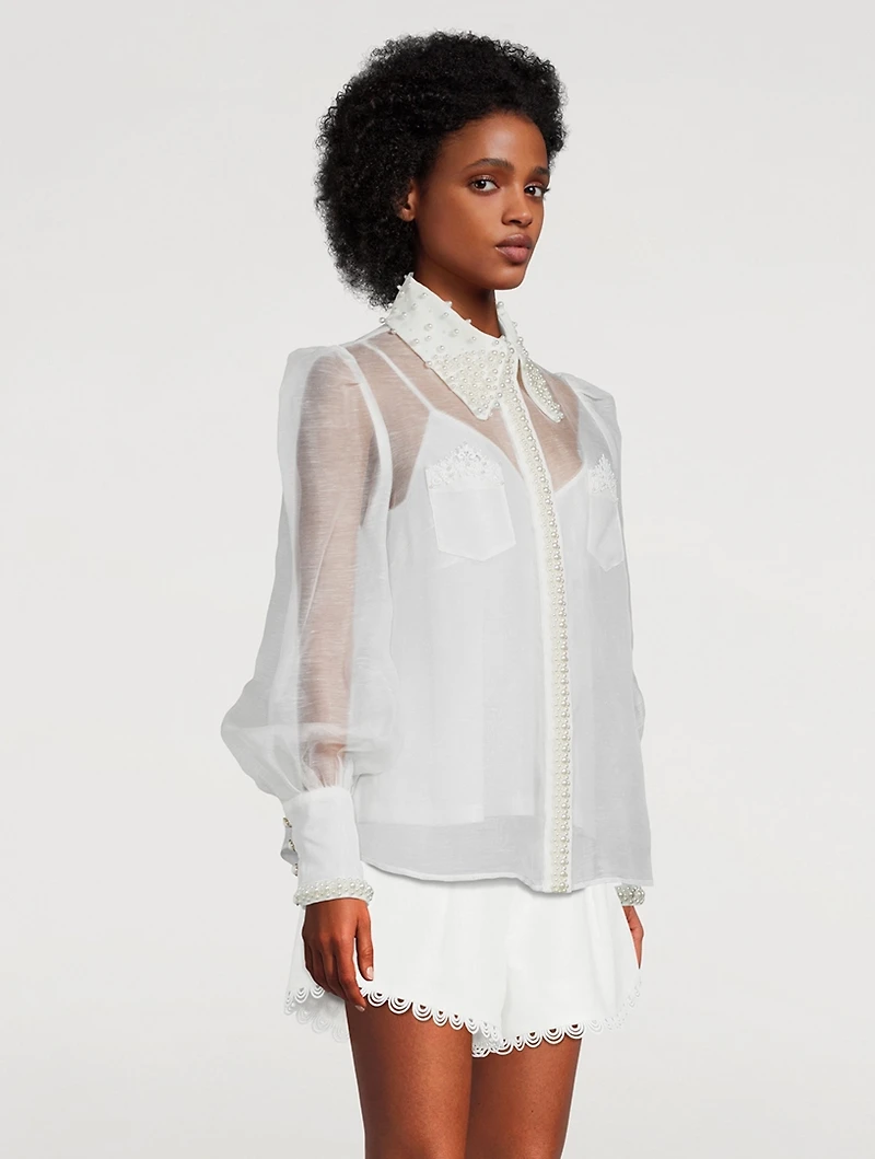 High Tide Pearl-Embellished Sheer Shirt