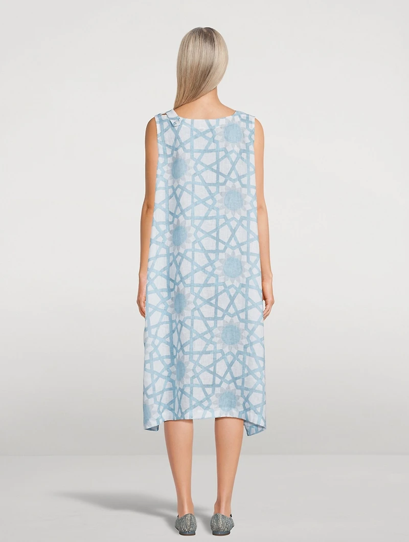 Linen Midi Dress Geometric Floral Print
