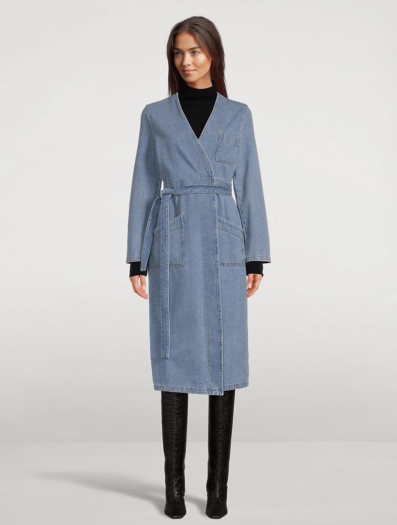Collarless Denim Trench Coat