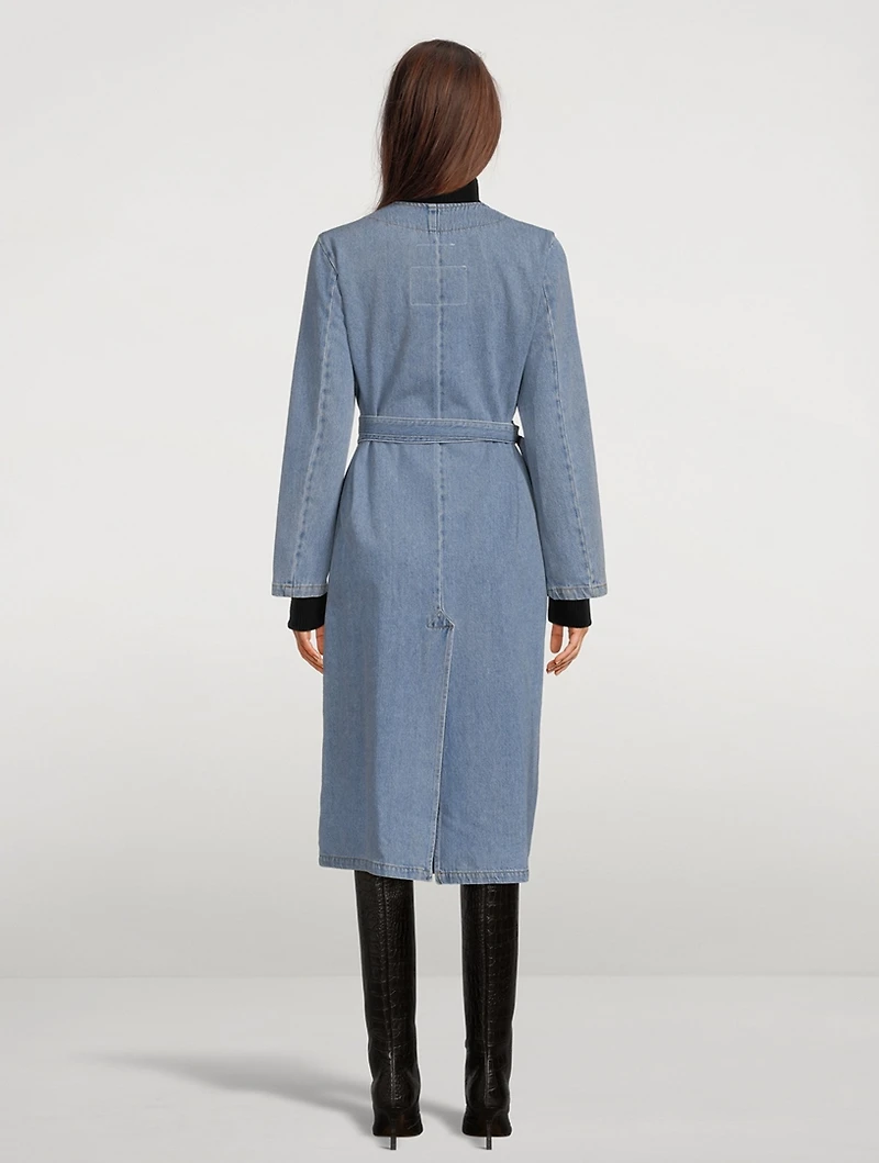 Collarless Denim Trench Coat