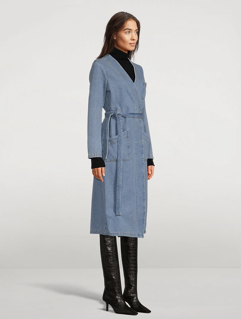 Collarless Denim Trench Coat