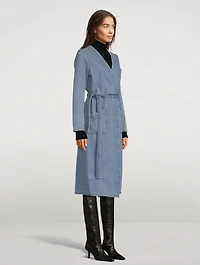 Collarless Denim Trench Coat
