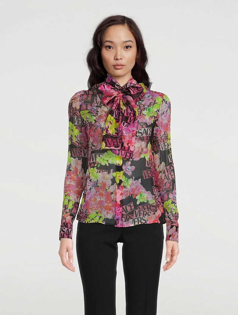 Tie-Neck Silk Shirt Logo Orchid Print