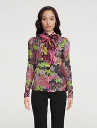 Tie-Neck Silk Shirt Logo Orchid Print