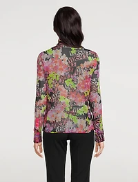 Tie-Neck Silk Shirt Logo Orchid Print