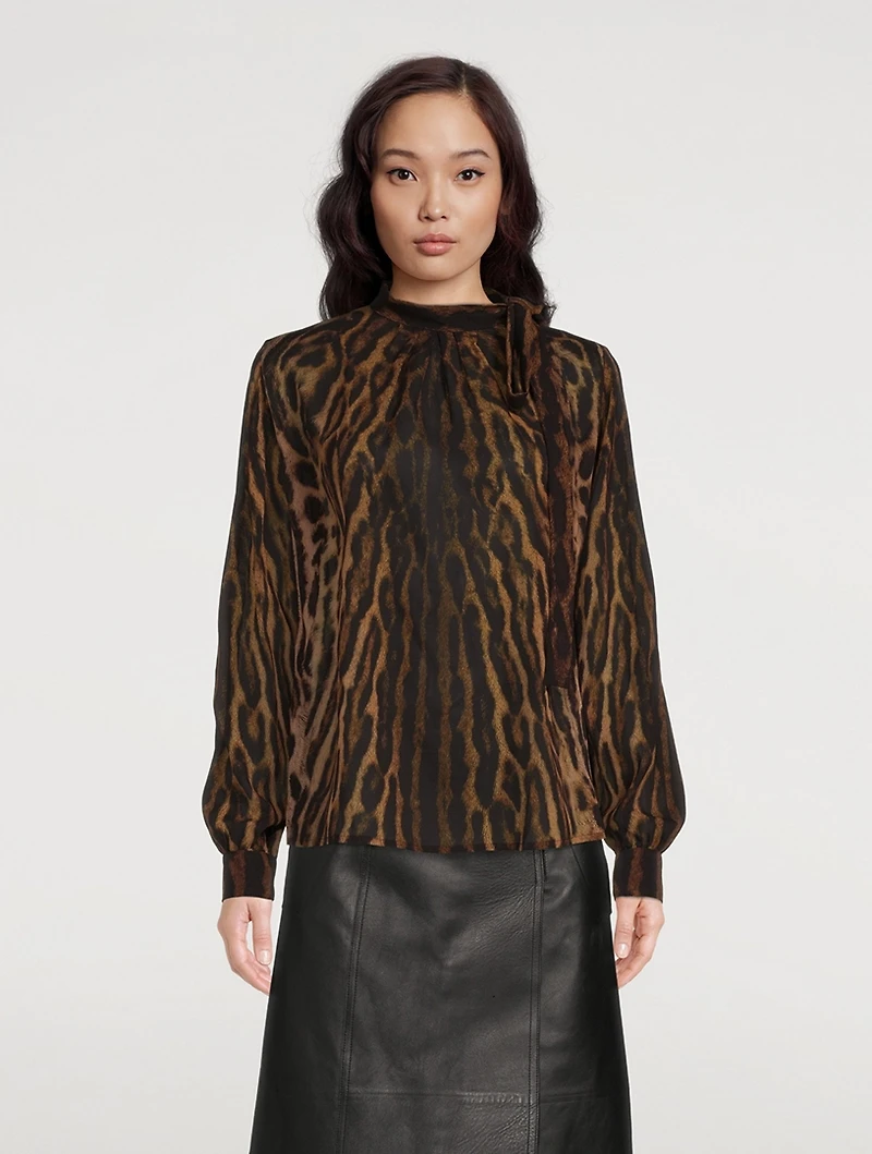 Tie-Neck Blouse Leopard Print